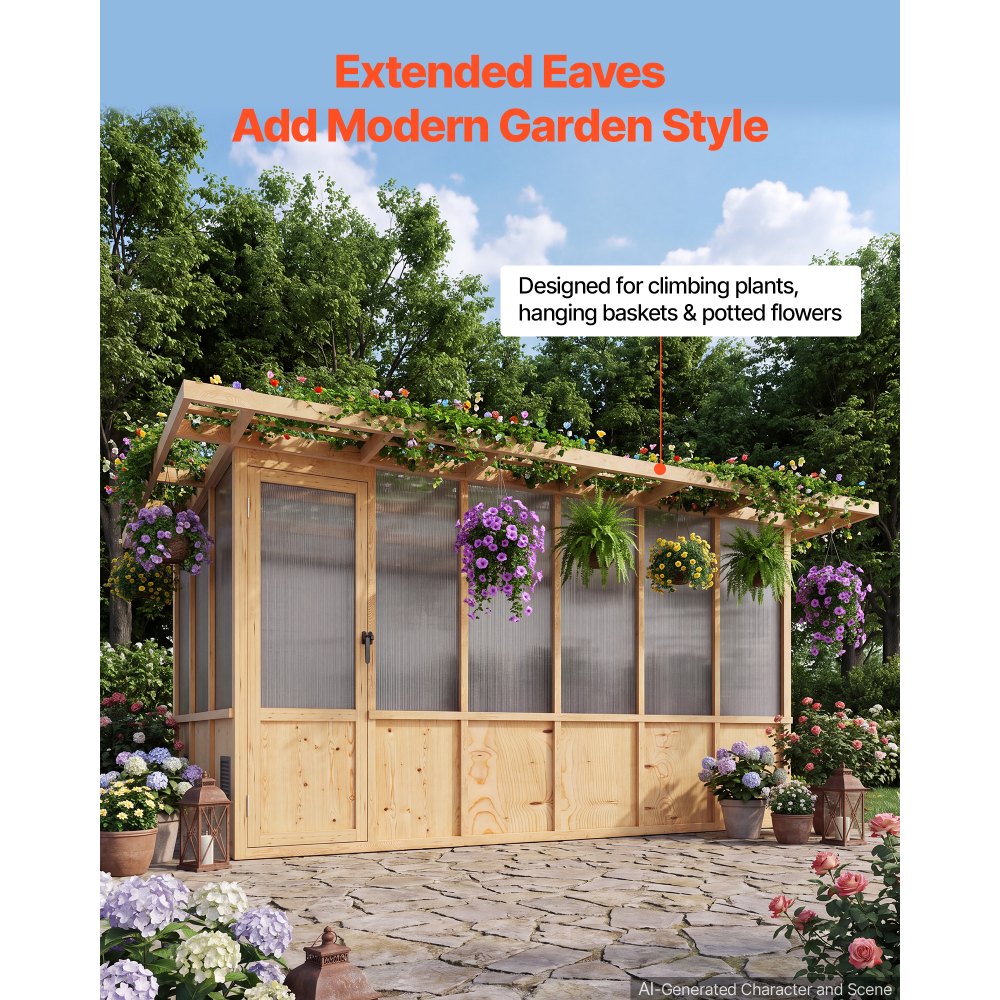 VEVOR Wooden Greenhouse 6'x12' Walk-In Green House Kit Pergola Sloped Roof, for Outdoor Garden Backyard, Heavy Duty Fir Wood with Polycarbonate Panels, Foldable Shelves, Tool Rails & Lockable Door