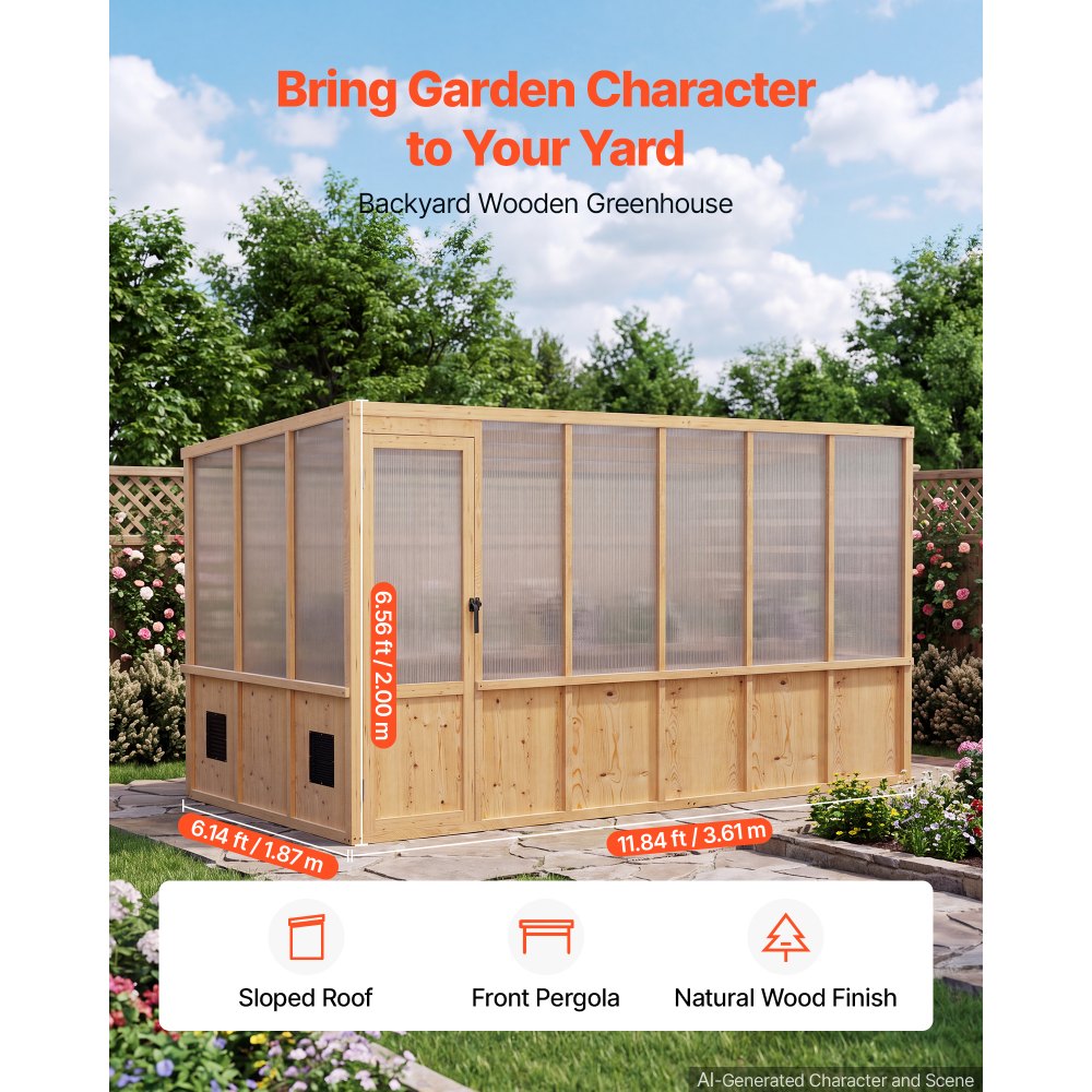 VEVOR Wooden Greenhouse 6'x12' Fir Wood Walk-In Greenhouse Kit Sloped Roof, for Outdoor Garden Backyard, Heavy Duty Green House with Polycarbonate Panels, Foldable Shelves, Tool Rails & Lockable Door