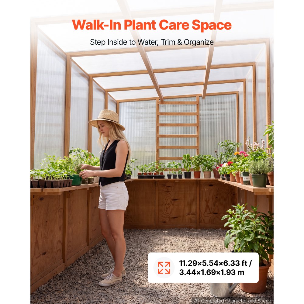 VEVOR Wooden Greenhouse 6'x12' Fir Wood Walk-In Greenhouse Kit Sloped Roof, for Outdoor Garden Backyard, Heavy Duty Green House with Polycarbonate Panels, Foldable Shelves, Tool Rails & Lockable Door