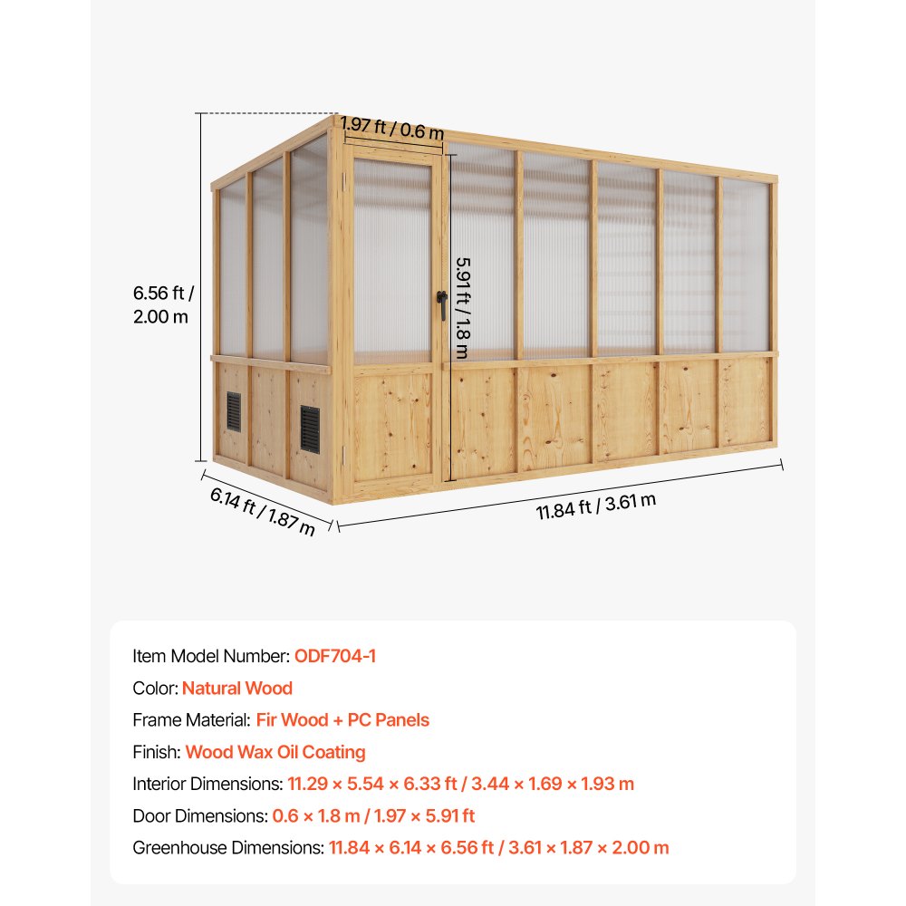 VEVOR Wooden Greenhouse 6'x12' Fir Wood Walk-In Greenhouse Kit Sloped Roof, for Outdoor Garden Backyard, Heavy Duty Green House with Polycarbonate Panels, Foldable Shelves, Tool Rails & Lockable Door