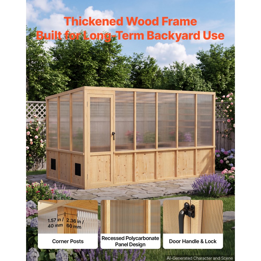 VEVOR Wooden Greenhouse 6'x12' Fir Wood Walk-In Greenhouse Kit Sloped Roof, for Outdoor Garden Backyard, Heavy Duty Green House with Polycarbonate Panels, Foldable Shelves, Tool Rails & Lockable Door