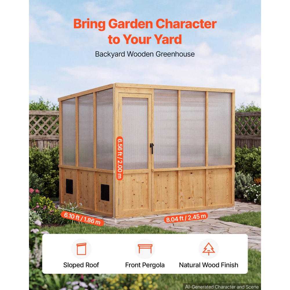 VEVOR Wooden Greenhouse 6'x8' Fir Wood Walk-In Greenhouse Kit Sloped Roof, for Outdoor Garden Backyard, Heavy Duty Green House with Polycarbonate Panels, Foldable Shelves, Tool Rails & Lockable Door