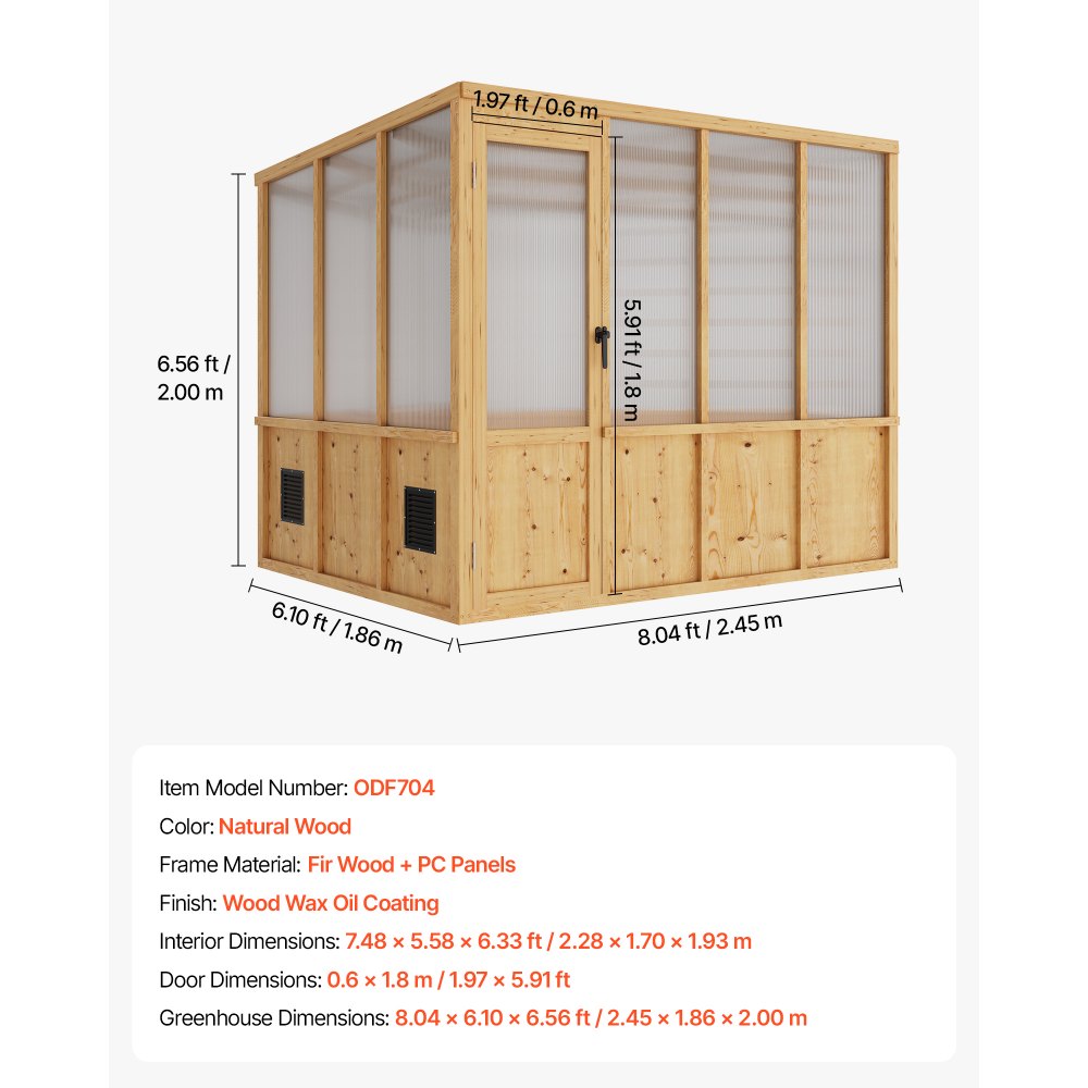 VEVOR Wooden Greenhouse 6'x8' Fir Wood Walk-In Greenhouse Kit Sloped Roof, for Outdoor Garden Backyard, Heavy Duty Green House with Polycarbonate Panels, Foldable Shelves, Tool Rails & Lockable Door