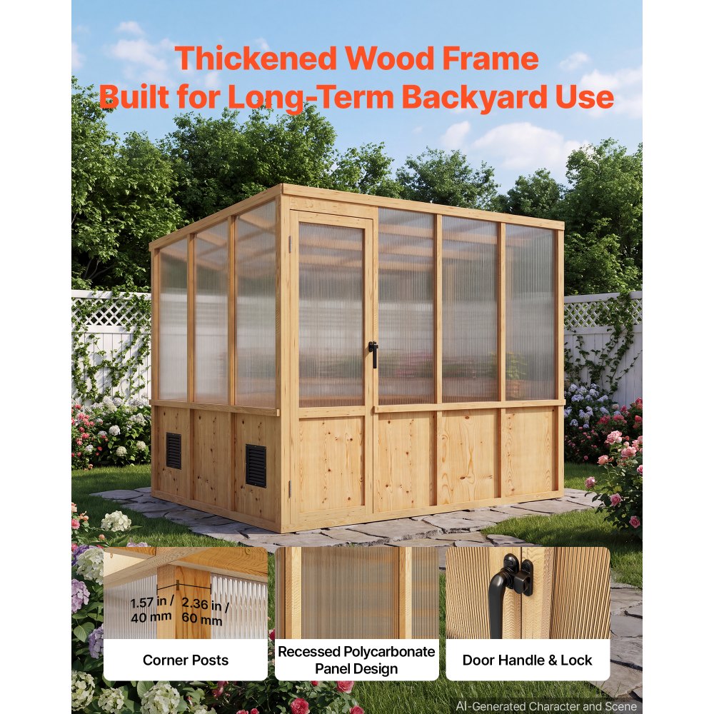 VEVOR Wooden Greenhouse 6'x8' Fir Wood Walk-In Greenhouse Kit Sloped Roof, for Outdoor Garden Backyard, Heavy Duty Green House with Polycarbonate Panels, Foldable Shelves, Tool Rails & Lockable Door
