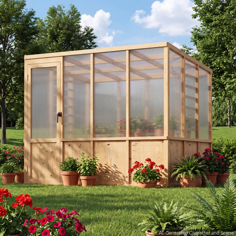 VEVOR Wooden Greenhouse 6'x8' Fir Wood Walk-In Greenhouse Kit Sloped Roof, for Outdoor Garden Backyard, Heavy Duty Green House with Polycarbonate Panels, Foldable Shelves, Tool Rails & Lockable Door