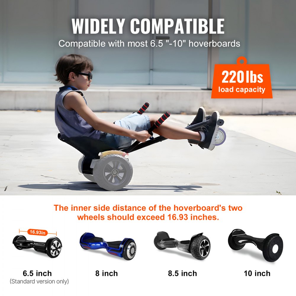VEVOR Hoverboard Seat Attachment(Not included hoverboards), Compatible with All 6.5" 8" 8.5" 10" Hoverboards, Grips Control, Adjustable Frame Length and 220 LBS Load Capacity, Hover Board Go Karts Accessory, for Kids Adults.
