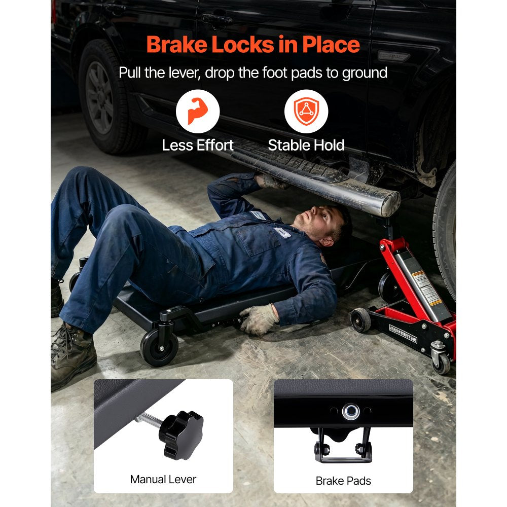 VEVOR 40 in Mechanic Creeper with 4 Large Wheels, 400 lbs Low Profile Under Car Garage Roller, Rolling Creeper with Raised Headrest, Manual Brake for Auto Repair