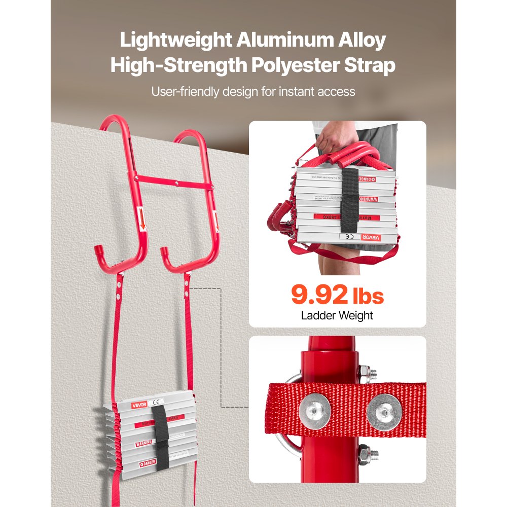 VEVOR Fire Escape Ladder, 2-Story 13FT Retractable Emergency Fire Ladder, Lightweight Aluminum Alloy Safety Escape Ladders with Sturdy Polyester Strap, Anti-Slip Rung & Wide Steps, 1000LBS Max Loading