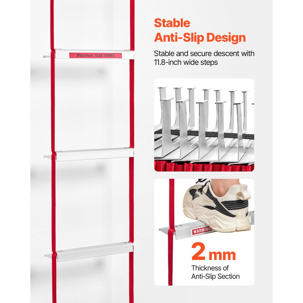 VEVOR Fire Escape Ladder, 5-6 Story 50FT Retractable Emergency Fire Ladder, Lightweight Aluminum Alloy Safety Escape Ladders with Sturdy Polyester Strap, Anti-Slip & Wide Rungs, 1000LBS Max Loading