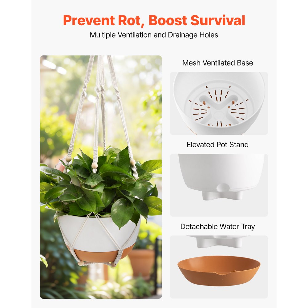 VEVOR Hanging Planters, 10 Inch Self-Watering Hanging Planter, 2 Pack Flower Pots with Drainage Hole & 2 Kinds of Plant Hangers, Plastic Basket Pots, for Garden Home Decor, Indoor & Outdoor Plants