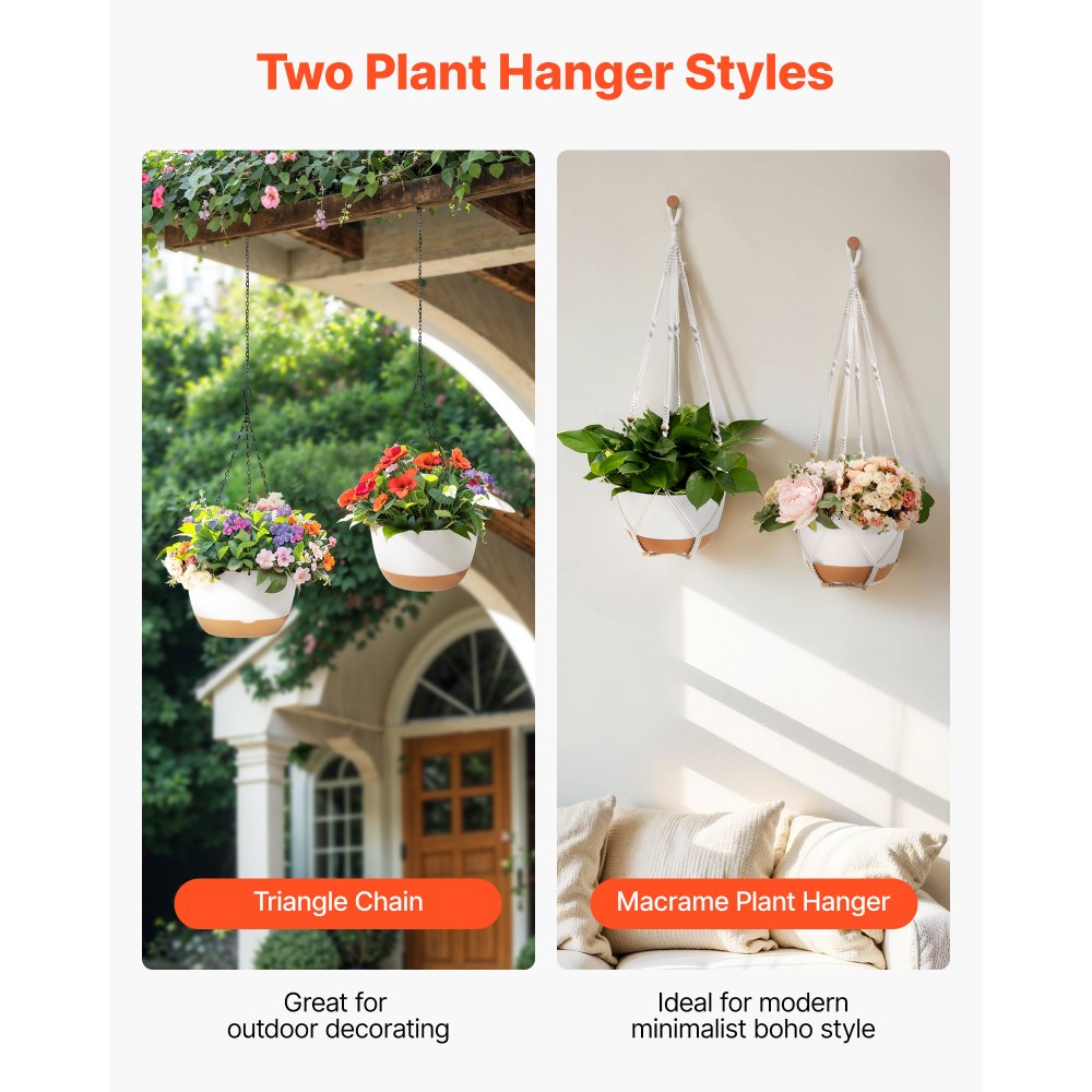 VEVOR Hanging Planters, 10 Inch Self-Watering Hanging Planter, 2 Pack Flower Pots with Drainage Hole & 2 Kinds of Plant Hangers, Plastic Basket Pots, for Garden Home Decor, Indoor & Outdoor Plants