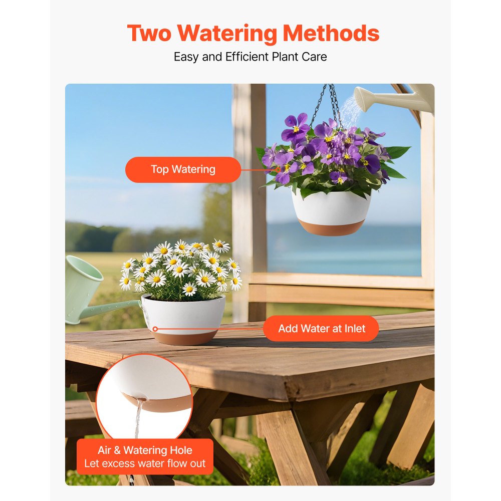 VEVOR Hanging Planters, 10 Inch Self-Watering Hanging Planter, 2 Pack Flower Pots with Drainage Hole & 2 Kinds of Plant Hangers, Plastic Basket Pots, for Garden Home Decor, Indoor & Outdoor Plants