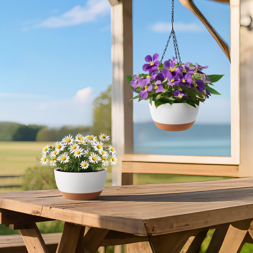 VEVOR Hanging Planters, 10 Inch Self-Watering Hanging Planter, 2 Pack Flower Pots with Drainage Hole & 2 Kinds of Plant Hangers, Plastic Basket Pots, for Garden Home Decor, Indoor & Outdoor Plants