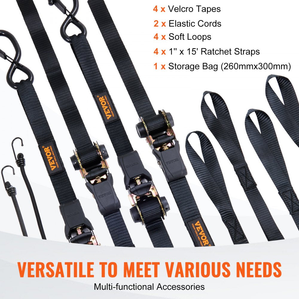 VEVOR Ratchet Tie Down Straps (4PK), 2200 lb Max Break Strength, Includes 4 Premium 1" x 15' Rachet Tie Downs with Padded Handles, for Moving Securing Cargo, Appliances, Lawn Equipment, Motorcycle