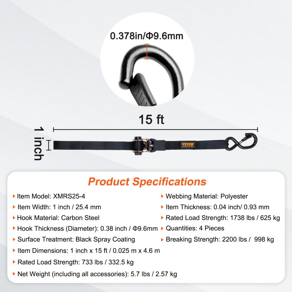 VEVOR Ratchet Tie Down Straps (4PK), 2200 lb Max Break Strength, Includes 4 Premium 1" x 15' Rachet Tie Downs with Padded Handles, for Moving Securing Cargo, Appliances, Lawn Equipment, Motorcycle
