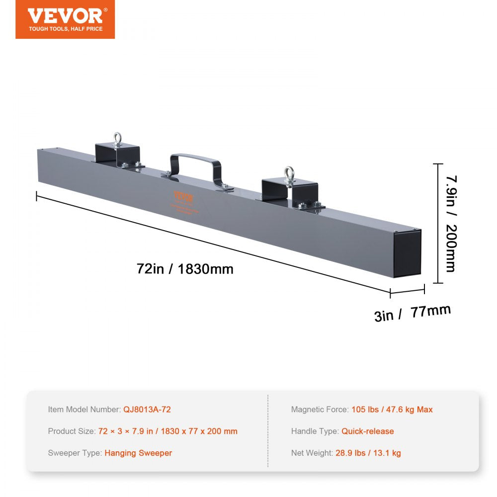 VEVOR 105lbs Hanging Magnetic Sweeper Pickup Tool, Nail Hang-Type Magnetic Forklift Sweeper, Industrial Grade Magnets Steel Material Hunting Accessories for Picking Up Bolts Nails Iron Chips Metals