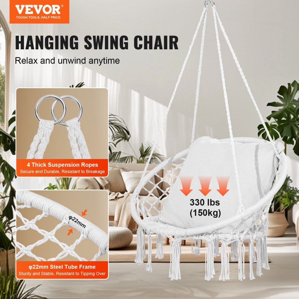 VEVOR Hanging Hammock Swing Chair, 330 lbs Capacity, Macramé Hanging Chair with Cushion and Mounting Hardware, Cotton Rope Swing Chair for Bedroom, Balcony, Patio, Garden, White