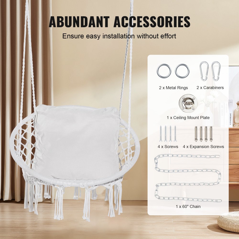 VEVOR Hanging Hammock Swing Chair, 330 lbs Capacity, Macramé Hanging Chair with Cushion and Mounting Hardware, Cotton Rope Swing Chair for Bedroom, Balcony, Patio, Garden, White