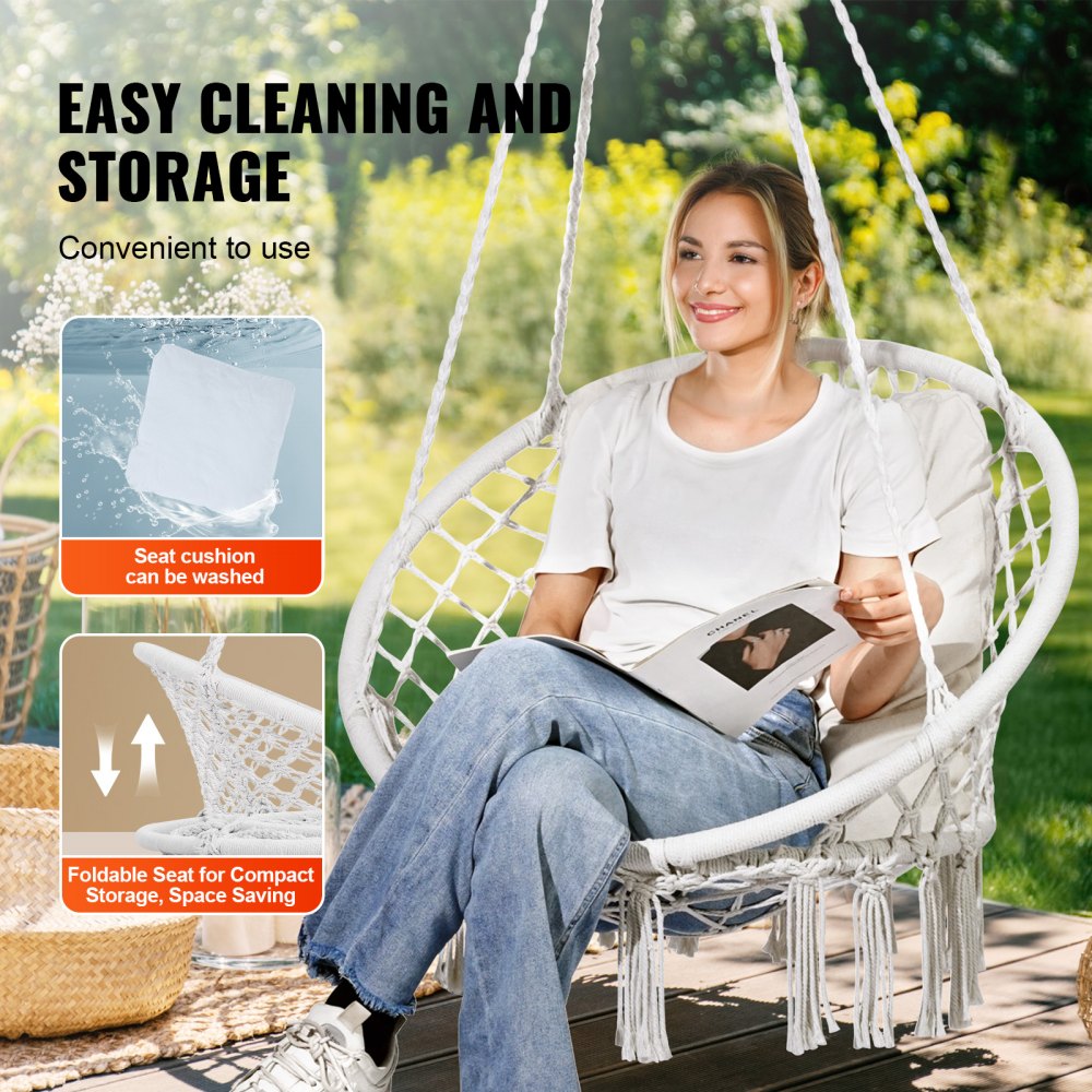 VEVOR Hanging Hammock Swing Chair, 330 lbs Capacity, Macramé Hanging Chair with Cushion and Mounting Hardware, Cotton Rope Swing Chair for Bedroom, Balcony, Patio, Garden, White