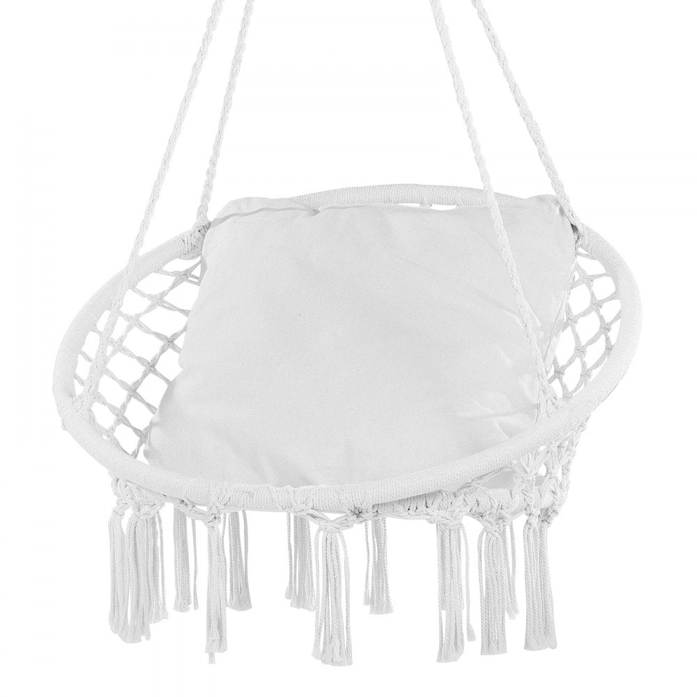 VEVOR Hanging Hammock Swing Chair, 330 lbs Capacity, Macramé Hanging Chair with Cushion and Mounting Hardware, Cotton Rope Swing Chair for Bedroom, Balcony, Patio, Garden, White