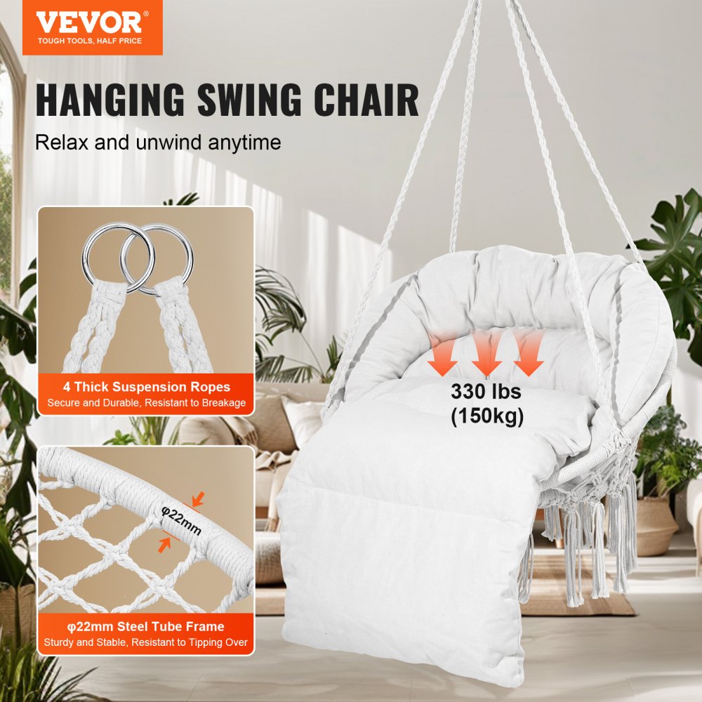 VEVOR Hanging Hammock Swing Chair, 330 Lbs Capacity, Macramé Hanging Chair with Cushion and Mounting Hardware, Cotton Rope Swing Chair for Bedroom, Balcony, Patio, Garden, Beige