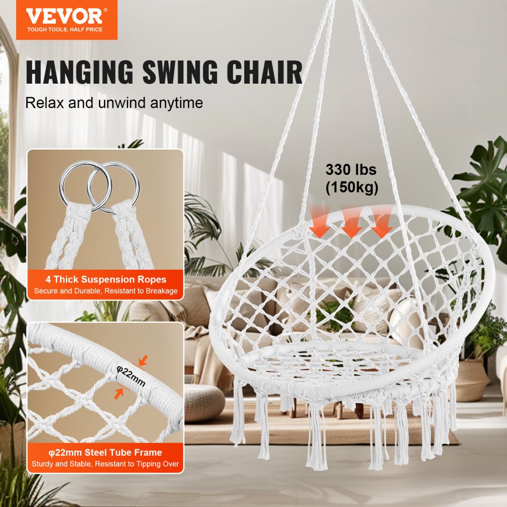 VEVOR Hanging Hammock Swing Chair, 330 Lbs Capacity, Macramé Hanging Chair with Mounting Hardware, Cotton Rope Swing Chair for Bedroom, Balcony, Patio, Garden, White