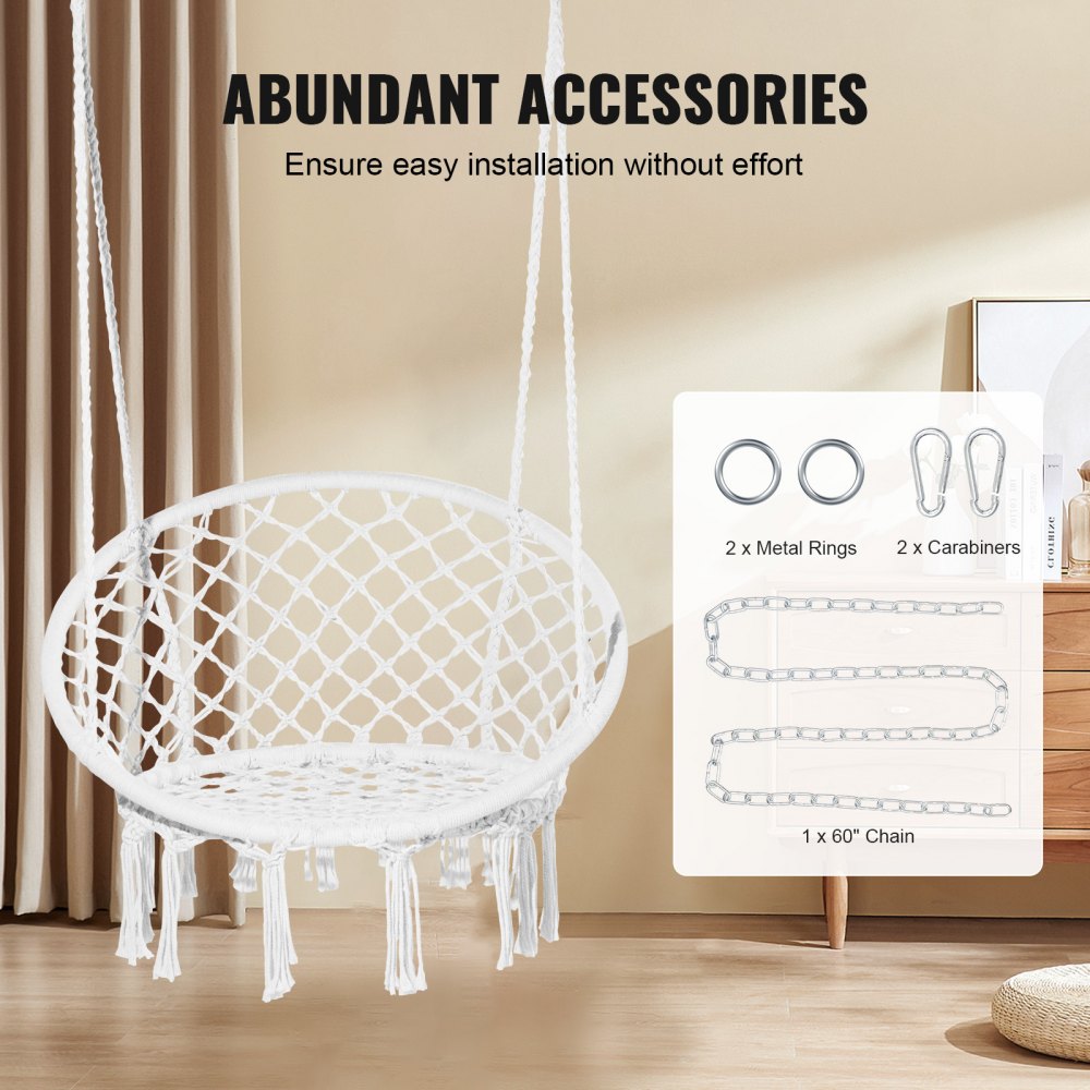 VEVOR Hanging Hammock Swing Chair, 330 Lbs Capacity, Macramé Hanging Chair with Mounting Hardware, Cotton Rope Swing Chair for Bedroom, Balcony, Patio, Garden, White