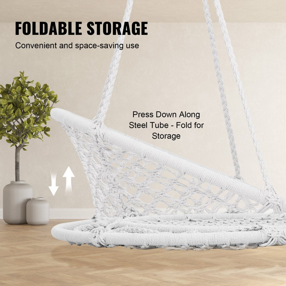 VEVOR Hanging Hammock Swing Chair, 330 Lbs Capacity, Macramé Hanging Chair with Mounting Hardware, Cotton Rope Swing Chair for Bedroom, Balcony, Patio, Garden, White