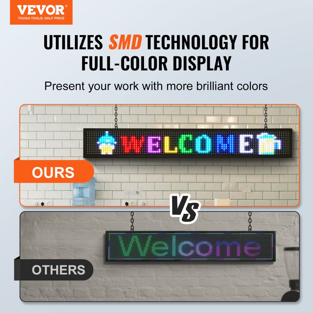 VEVOR LED Message Board, P10 Full Color Scrolling Display, Customizable Text and Animation via WIFI or USB, Ideal for Retail, Parties, and Bars, 52"x8"