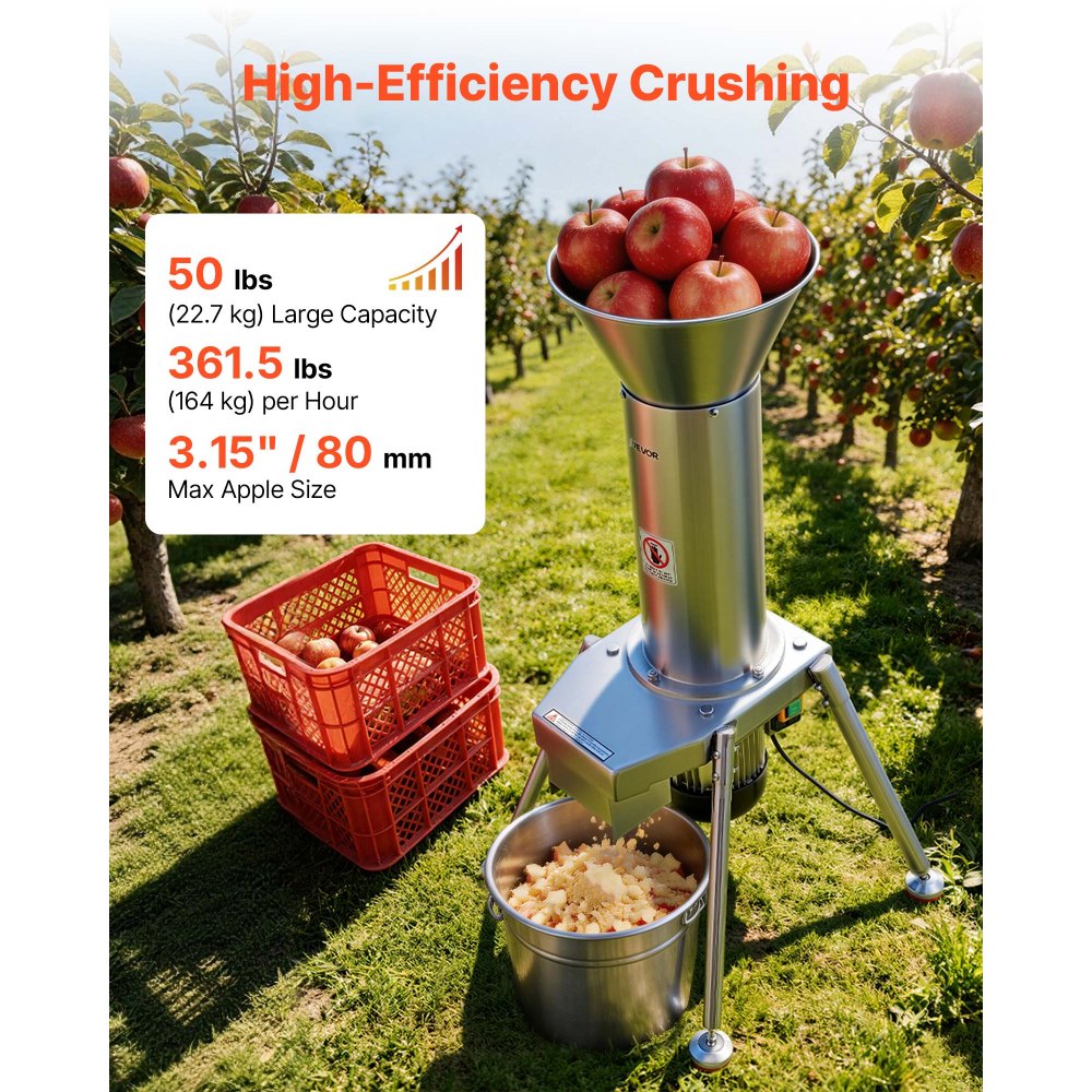 VEVOR 1100W Electric Fruit Apple Crusher, SUS304 Freestanding Crushing Machine, Grinds Whole Apples Up to 3.15" Dia, 164 KG/H Capacity, Cider Press for Apples, Pears, Pineapple, Guava, Carrot, Potato