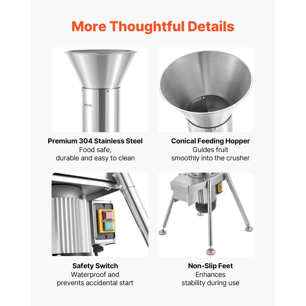 VEVOR 1100W Electric Fruit Apple Crusher, SUS304 Freestanding Crushing Machine, Grinds Whole Apples Up to 3.15" Dia, 164 KG/H Capacity, Cider Press for Apples, Pears, Pineapple, Guava, Carrot, Potato