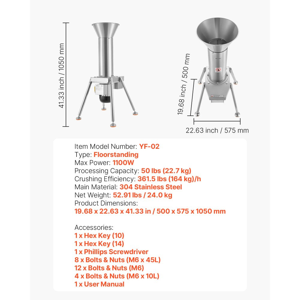 VEVOR 1100W Electric Fruit Apple Crusher, SUS304 Freestanding Crushing Machine, Grinds Whole Apples Up to 3.15" Dia, 164 KG/H Capacity, Cider Press for Apples, Pears, Pineapple, Guava, Carrot, Potato