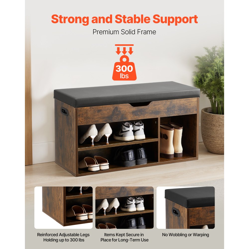VEVOR Entryway Shoe Bench, 31.7 x 12.0 x 17.5 Inch Shoe Storage Organizer with Lift Top Storage Space, 300lbs Bench with Cushion Seat and 3 Cabinets for Hallway, Living Room, Bedroom, Brown + Black