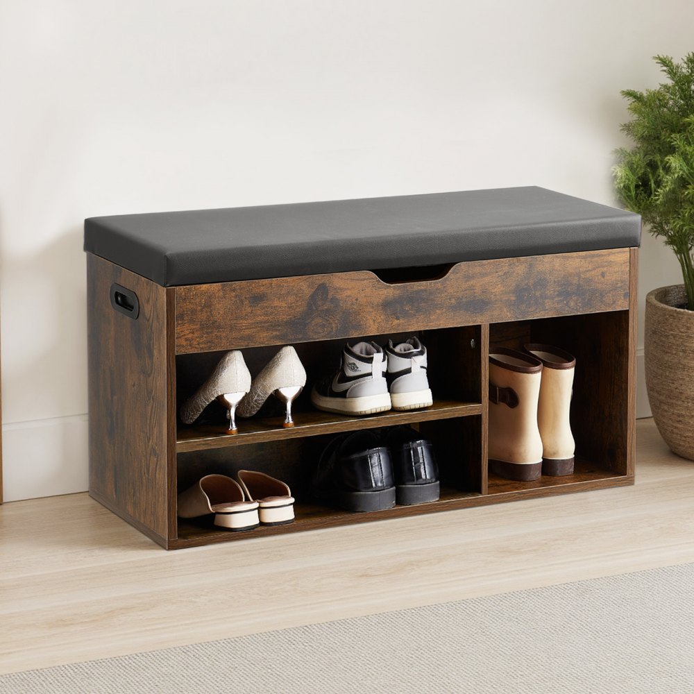 VEVOR Entryway Shoe Bench, 31.7 x 12.0 x 17.5 Inch Shoe Storage Organizer with Lift Top Storage Space, 300lbs Bench with Cushion Seat and 3 Cabinets for Hallway, Living Room, Bedroom, Brown + Black