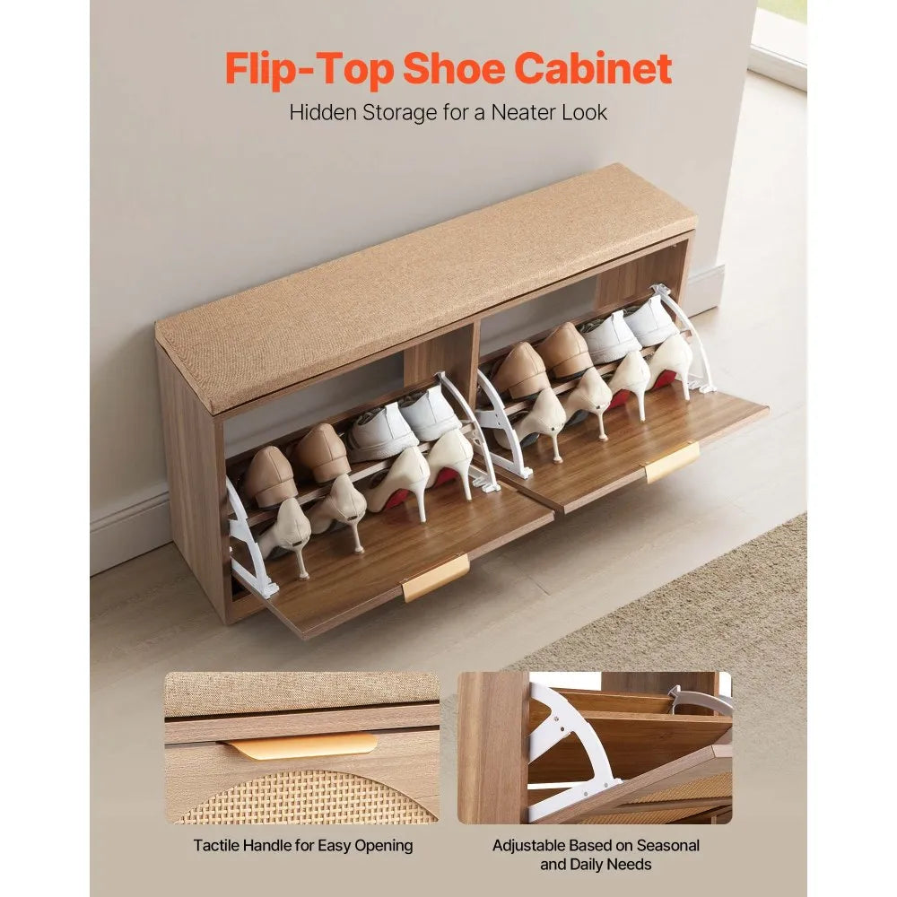 VEVOR Entryway Shoe Storage Bench 38.9" Wide 2-Tier Shoe Bench Rattan-Like, with 2 Flip Drawers, 440 lbs Load Capacity Storage Rack with Padded Seat Cushion, for Hallway, Living Room, and Bedroom