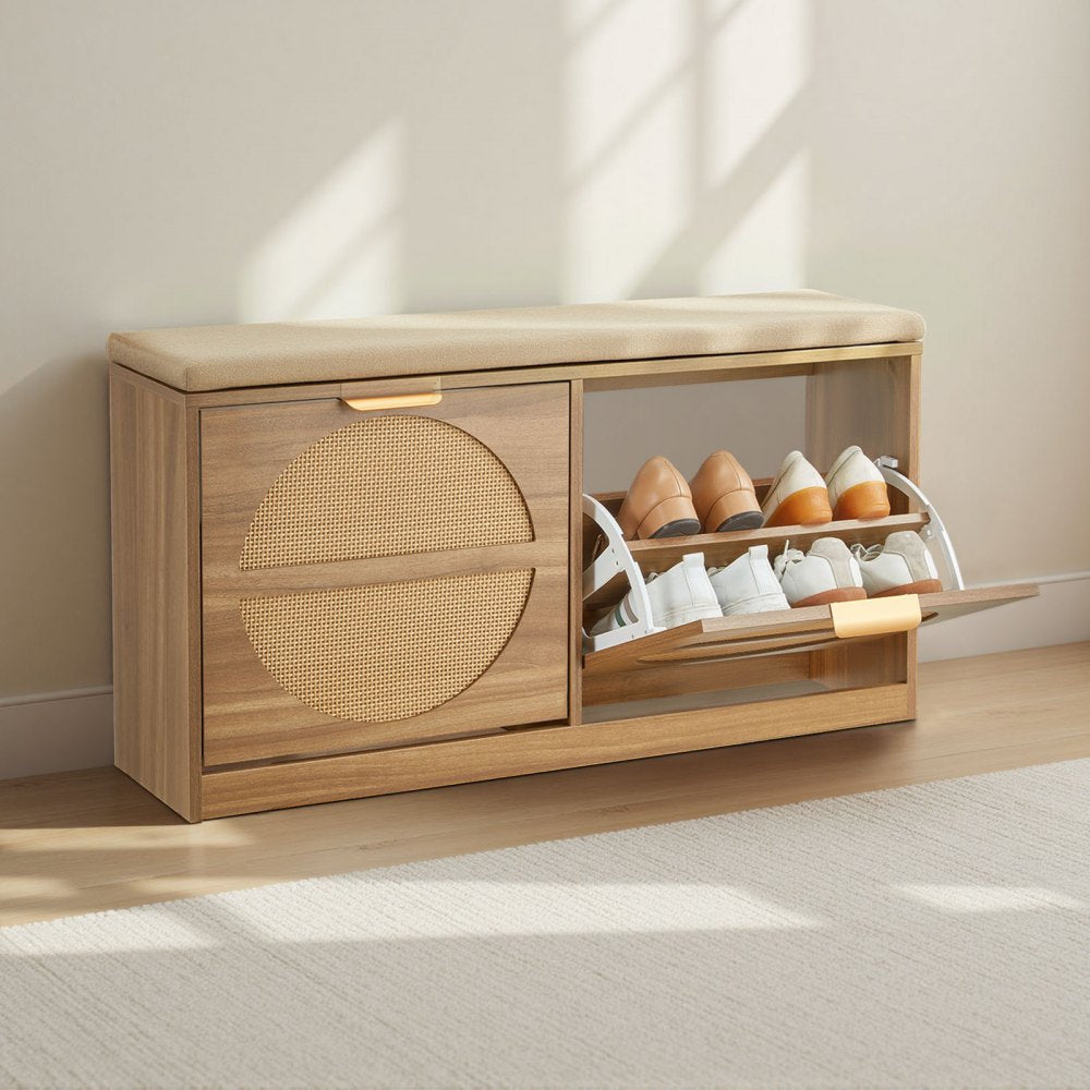 VEVOR Entryway Shoe Bench, 38.9 x 9.4 x 19.7 Inch Rattan-Like Shoes Bench with Flip Drawers, 440lbs Shoe Storage Rack with Cushion, 4 Compartments and Rattan Doors, for Hallway, Living Room, Bedroom