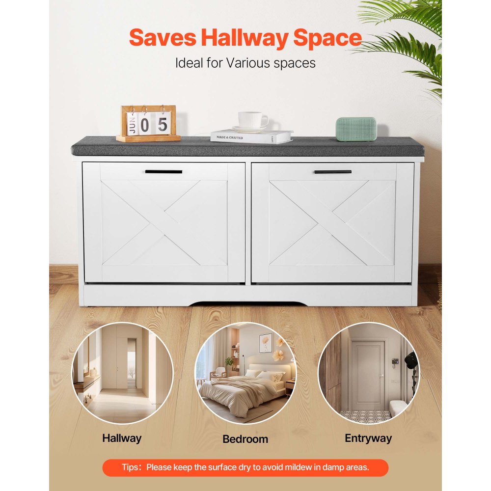 VEVOR Entryway Shoe Storage Bench, 39.4 x 12.0 x 18.7 Inch Shoe Organizer with Flip Drawers, 440lbs Narrow Shoes Rack Bench with Cushion & Flip Doors, for Hallway, Living Room, Bedroom, Black + White