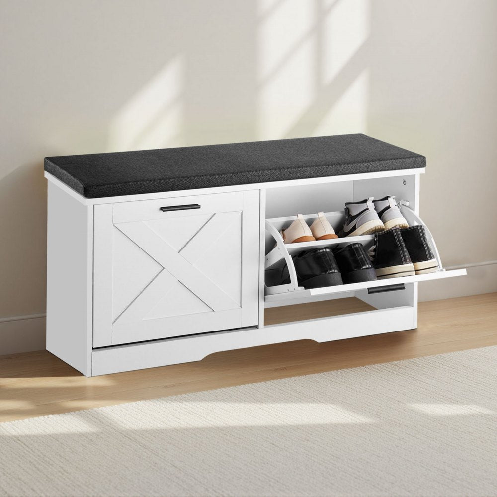 VEVOR Entryway Shoe Storage Bench, 39.4 x 12.0 x 18.7 Inch Shoe Organizer with Flip Drawers, 440lbs Narrow Shoes Rack Bench with Cushion & Flip Doors, for Hallway, Living Room, Bedroom, Black + White