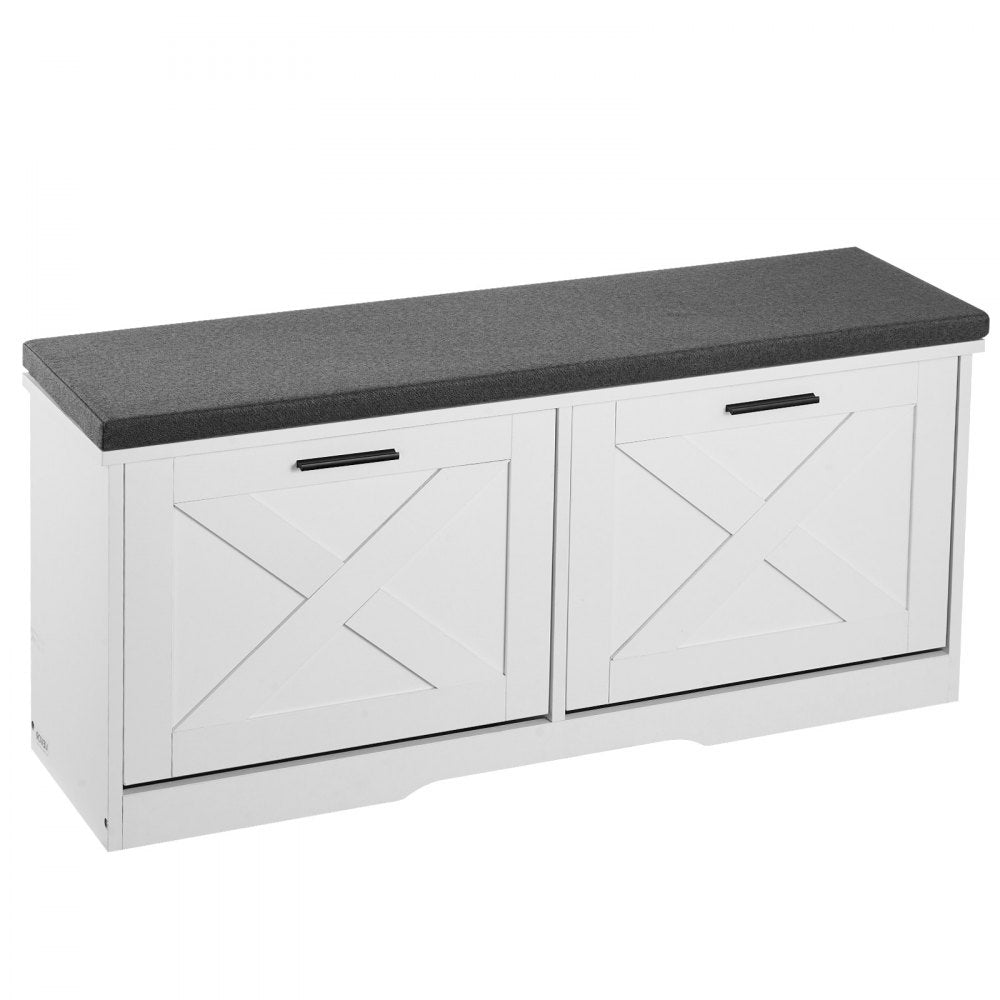 VEVOR Entryway Shoe Storage Bench, 39.4 x 12.0 x 18.7 Inch Shoe Organizer with Flip Drawers, 440lbs Narrow Shoes Rack Bench with Cushion & Flip Doors, for Hallway, Living Room, Bedroom, Black + White