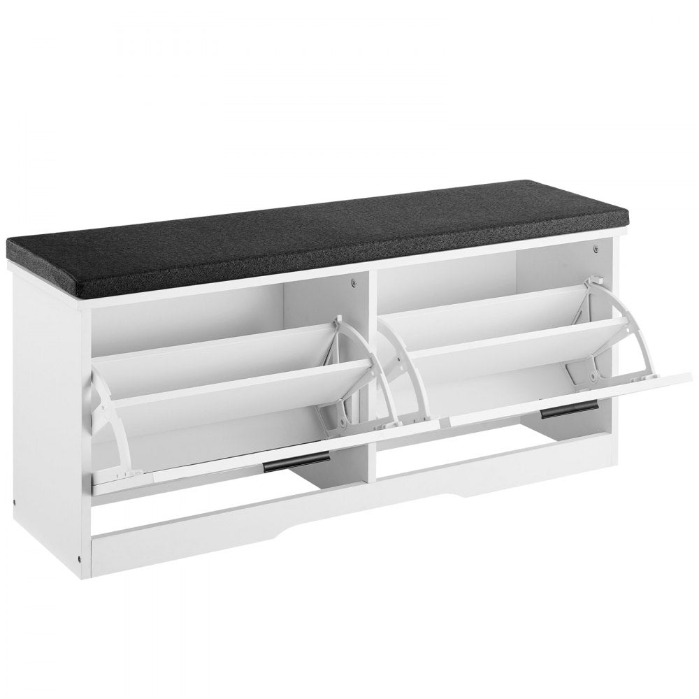 VEVOR Entryway Shoe Storage Bench, 39.4 x 12.0 x 18.7 Inch Shoe Organizer with Flip Drawers, 440lbs Narrow Shoes Rack Bench with Cushion & Flip Doors, for Hallway, Living Room, Bedroom, Black + White