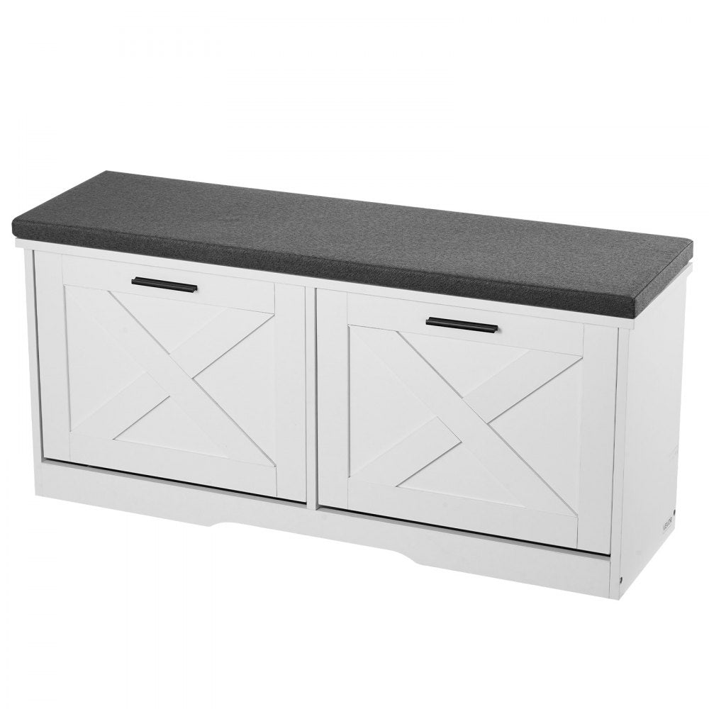 VEVOR Entryway Shoe Storage Bench, 39.4 x 12.0 x 18.7 Inch Shoe Organizer with Flip Drawers, 440lbs Narrow Shoes Rack Bench with Cushion & Flip Doors, for Hallway, Living Room, Bedroom, Black + White