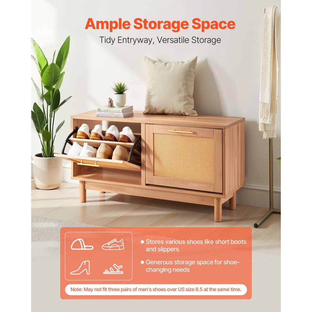 VEVOR Entryway Shoe Bench, 39.4 x 11.8 x 20.9 Inch Rattan-Like Shoes Bench with 2 Flip Drawers, 300lbs Shoe Storage Rack with 4 Compartments and 2 Rattan Doors, for Hallway, Living Room, Bedroom