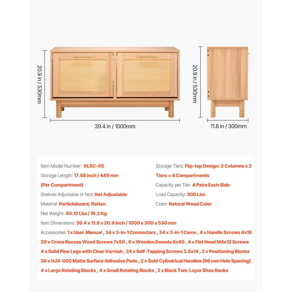 VEVOR Entryway Shoe Bench, 39.4 x 11.8 x 20.9 Inch Rattan-Like Shoes Bench with 2 Flip Drawers, 300lbs Shoe Storage Rack with 4 Compartments and 2 Rattan Doors, for Hallway, Living Room, Bedroom