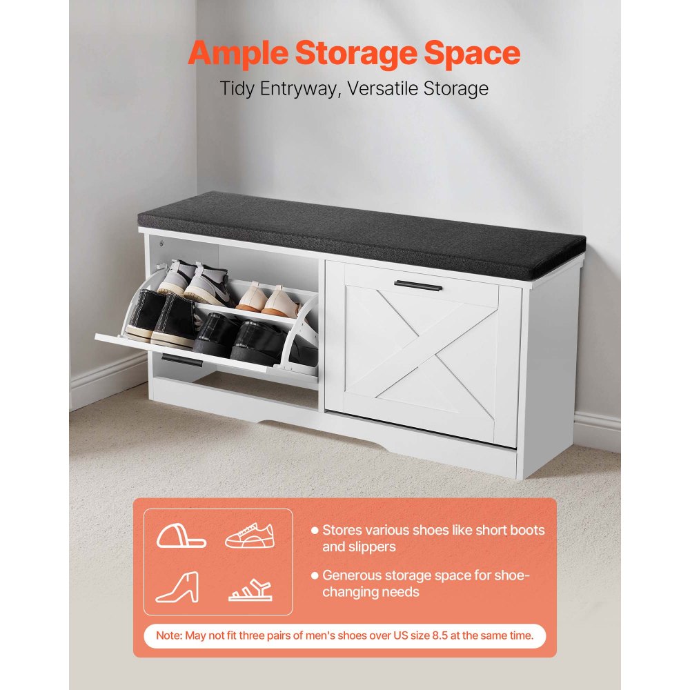 VEVOR Entryway Shoe Storage Bench 39.4" Wide 2-Tier Shoe Bench Black White, with 2 Flip Drawers, 440 lbs Load Capacity Storage Rack with Padded Seat Cushion, for Hallway, Living Room, and Bedroom