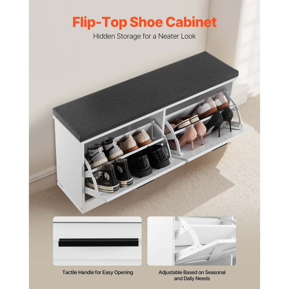 VEVOR Entryway Shoe Storage Bench 39.4" Wide 2-Tier Shoe Bench Black White, with 2 Flip Drawers, 440 lbs Load Capacity Storage Rack with Padded Seat Cushion, for Hallway, Living Room, and Bedroom