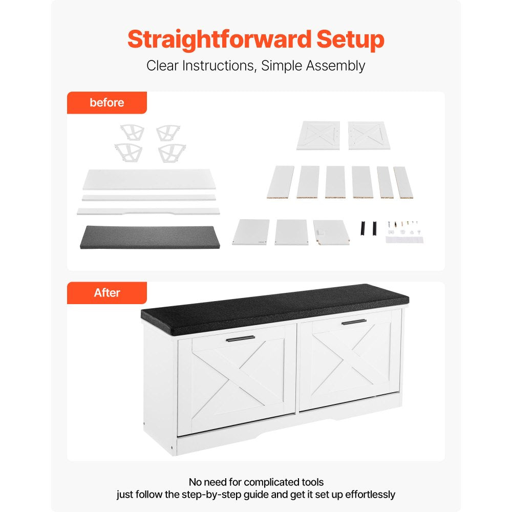 VEVOR Entryway Shoe Storage Bench 39.4" Wide 2-Tier Shoe Bench Black White, with 2 Flip Drawers, 440 lbs Load Capacity Storage Rack with Padded Seat Cushion, for Hallway, Living Room, and Bedroom