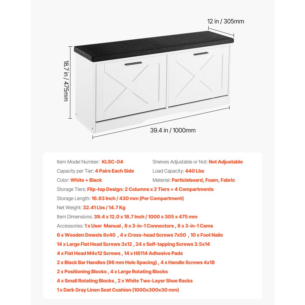 VEVOR Entryway Shoe Storage Bench 39.4" Wide 2-Tier Shoe Bench Black White, with 2 Flip Drawers, 440 lbs Load Capacity Storage Rack with Padded Seat Cushion, for Hallway, Living Room, and Bedroom