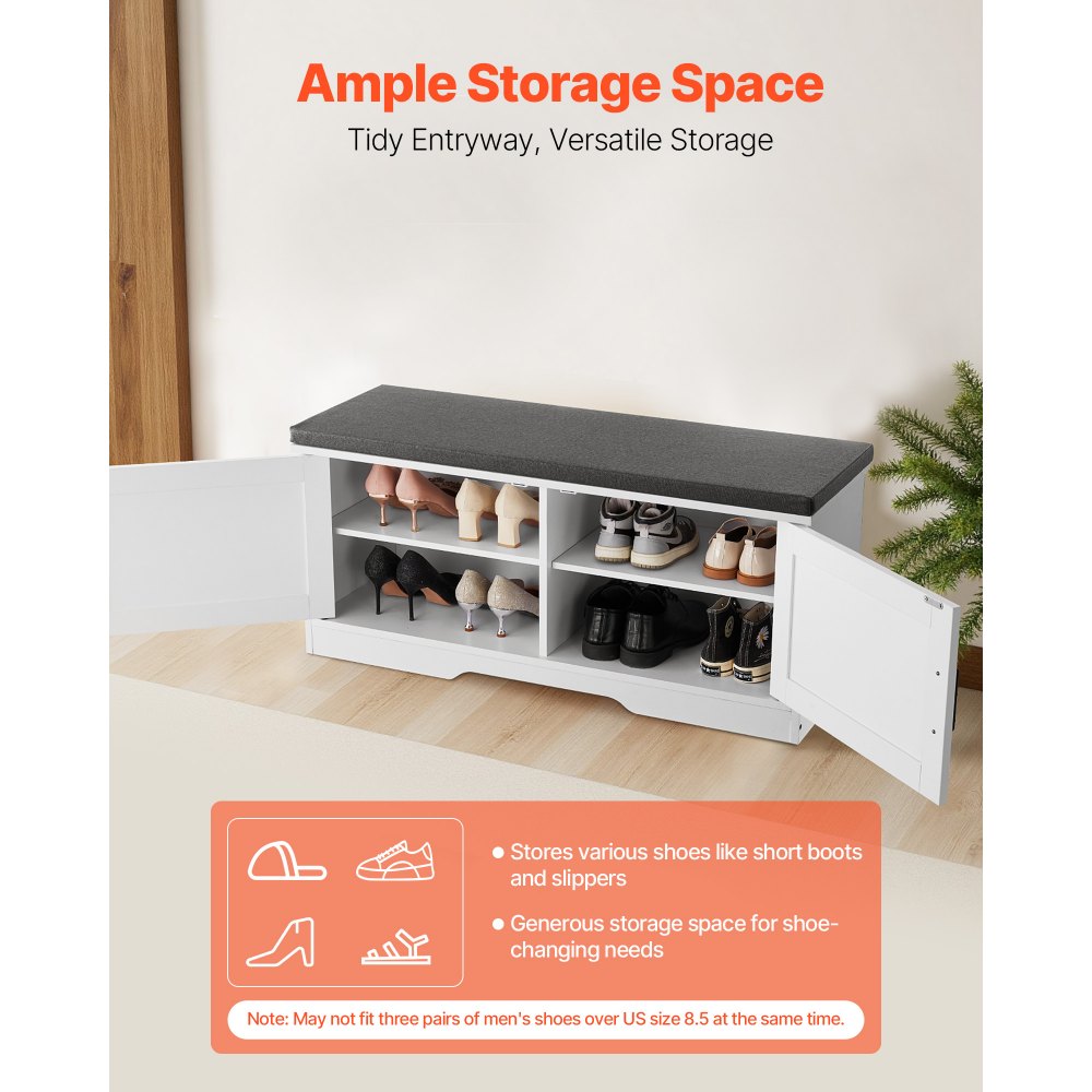 VEVOR Shoe Storage Bench, 39.4 x 14.0 x 18.1 Inch Shoe Organizer with Padded Seat Cushion, Entryway Bench with 2 Barn Doors and Height Adjustable Shelf, for Hallway, Living Room, Bedroom, White+Black