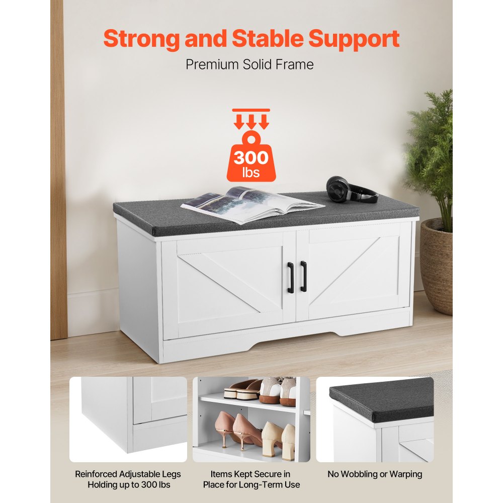 VEVOR Shoe Storage Bench, 39.4 x 14.0 x 18.1 Inch Shoe Organizer with Padded Seat Cushion, Entryway Bench with 2 Barn Doors and Height Adjustable Shelf, for Hallway, Living Room, Bedroom, White+Black