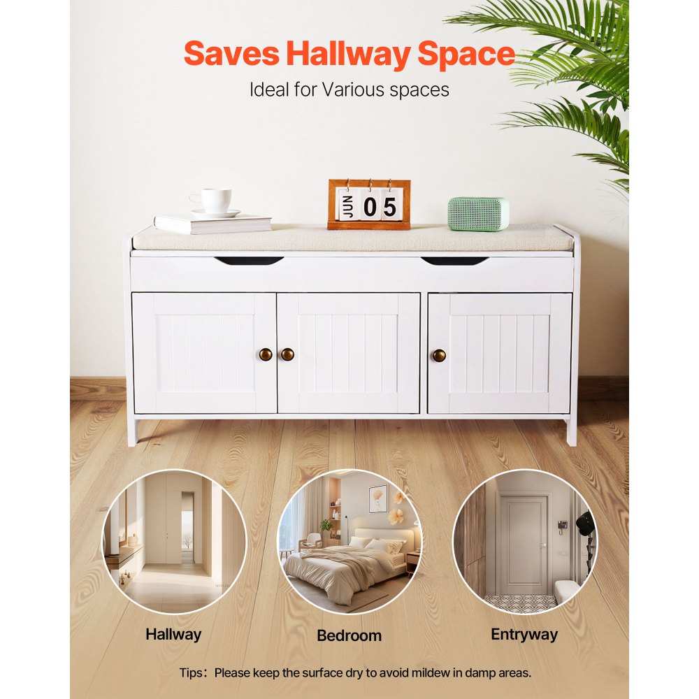 VEVOR Shoe Bench, 41.3 x 13.8 x 19.8 Inch Entryway Bench with Lift Top Storage and Seat Cushion, 250lbs Shoe Rack with 3 Cabinets and Height Adjustable Shelf, for Bedroom, Hallway, White + Black